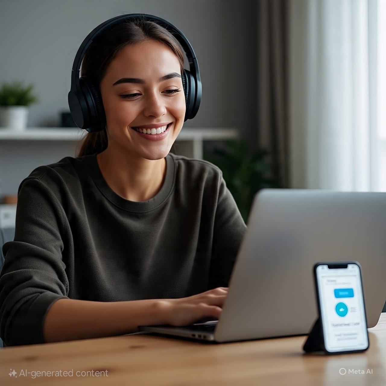 Woman with headphones selling her old device online